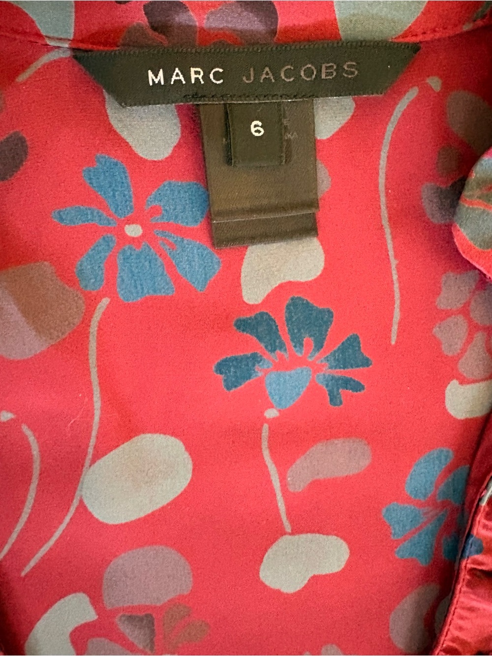 Marc Jacobs Red Satin Floral Midi Dress with Blue and Gray Accents - Picture 5 of 6